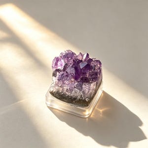 May include: A cluster of deep purple amethyst crystals with translucent and opaque facets, mounted on a clear, square acrylic base. The mineral formation displays natural variations in color intensity, ranging from light lavender to dark violet hues.