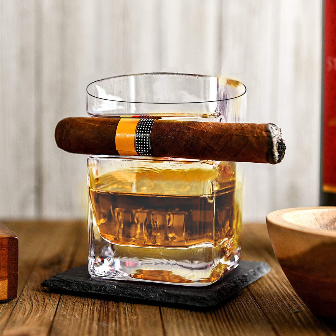 Round Whiskey Glass With Cigar Holder Old Fashioned Whisky Etsy