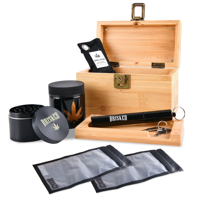 Stash Box Kit with Rolling Tray, Aluminium Herb Grinder, Smell Proof Glass Jar & Accessories | Airtight Wood Box Bundle 
