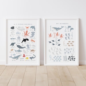 Ocean Animal Alphabet and Numbers Prints, PRINTABLE Wall Art, Beach Nursery Decor, Ocean ABC Poster, Kids Room Decor, Digital Download