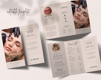 Minimalist PMU Trifold Brochure Template, Editable Beauty Salon Price List, Printable Pamphlet Price List