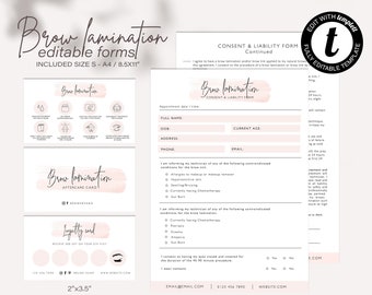 Lot de modèles de lamination des sourcils, cartes de soins, formulaire de consentement et de responsabilité, modifier avec Templett