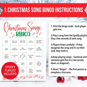 May include: A Christmas Songs Bingo game card with instructions. The card features a red and green design with song titles like "Silent Night" and "Jingle Bells." Instructions are provided for playing the game, including using a Spotify playlist.