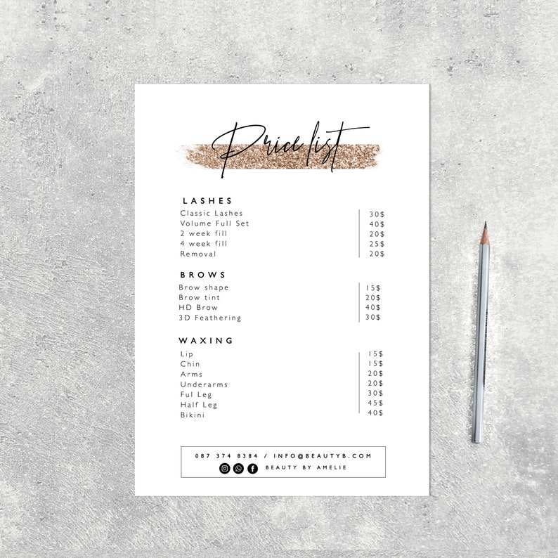 Printable Price List Template Modern Calligraphy Salon Menu Etsy