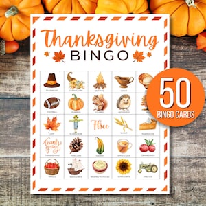 May include: Thanksgiving Bingo game card with an orange border and a circular label that says "50 Bingo Cards." The card features Thanksgiving-themed illustrations like a pilgrim hat, pumpkin, and cornucopia. The words "Thanksgiving Bingo" are at the top.