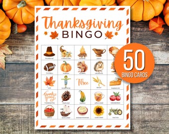May include: Thanksgiving Bingo game card with an orange border and a circular label that says "50 Bingo Cards." The card features Thanksgiving-themed illustrations like a pilgrim hat, pumpkin, and cornucopia. The words "Thanksgiving Bingo" are at the top.