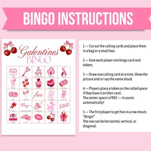 May include: A pink Galentine's Bingo game with instructions. The game board features various Valentine's Day themed images like hearts, cupcakes, and gifts. The top banner reads "BINGO INSTRUCTIONS" in pink.