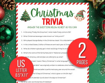 May include: A Christmas Trivia game sheet with a red and white border. The title "Christmas Trivia" is in green and red. The sheet includes trivia questions and answers. A red circle indicates "2 pages" and another indicates "US Letter 8.5"X11".