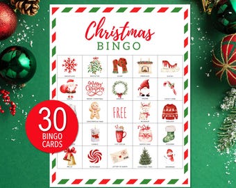 May include: A Christmas Bingo game card with a red and green border. The card features festive illustrations like a snowflake, Santa, and a Christmas tree. The words "Christmas Bingo" are written in red script. A red circle with the number "30" and "Bingo Cards" is in the lower left.