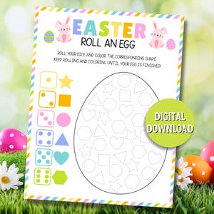 May include: A colorful Easter-themed printable game sheet with the text "EASTER ROLL AN EGG". The sheet features an egg outline filled with shapes, dice, and instructions. A digital download is indicated.