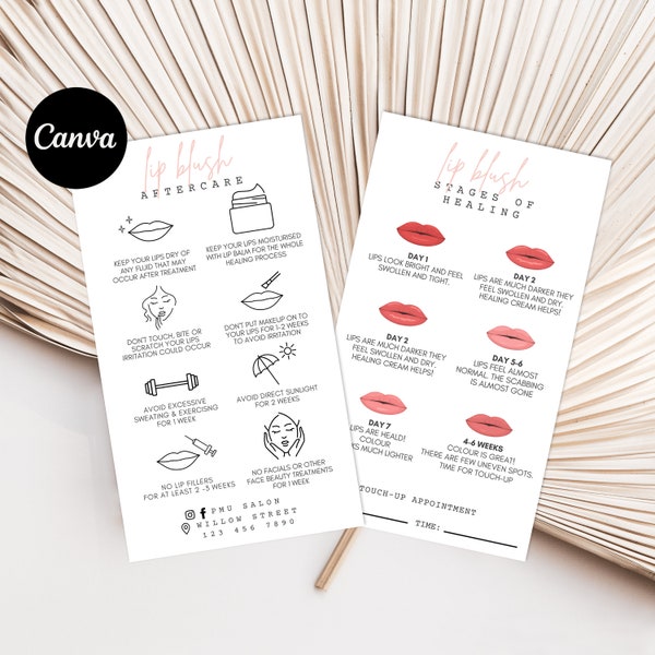 Lip Blush Aftercare Template, Lip Blush Stages of Healing, Editable Permanent Makeup Care Card,Small Business Care Card Template