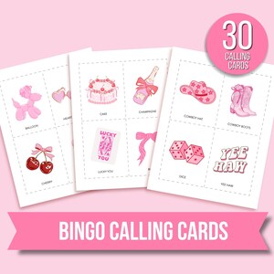 May include: Pink bingo calling cards with illustrations of a balloon animal, cake, champagne bottle, cowboy hat, and cowboy boots. The cards have the text "Bingo Calling Cards" and "30 Calling Cards".
