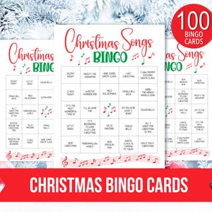 May include: Christmas Songs Bingo cards with a red and green design. The cards feature song titles like "Jingle Bells" and "Silent Night." A red circle indicates there are 100 bingo cards.