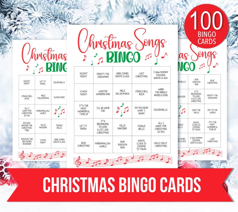May include: Christmas Songs Bingo cards with a red and green design. The cards feature song titles like "Jingle Bells" and "Silent Night." A red circle indicates there are 100 bingo cards.