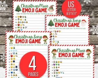 May include: Four Christmas-themed game sheets with red and green borders. The games include "Christmas Movie Emoji Game" and "Christmas Song Emoji Game". A red circle indicates "4 pages" and "US Letter 8.5"x11"" is also shown.
