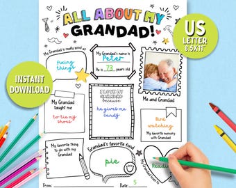 All About My Grandad Printable, Grandad Questionnaire, Fill in the blank Coloring Page, Fathers Day Gift For Grandad