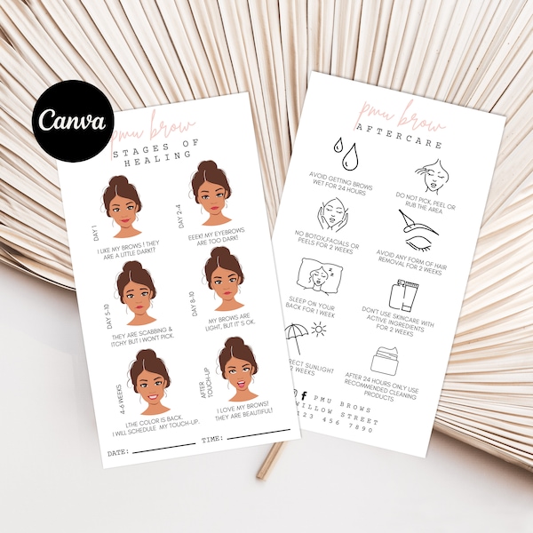 PMU Brow Healing Stages Template, Editable PMU Brow Aftercare Template,Permanent Makeup Care Card,Small Business Care Card Template