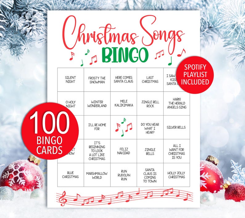 May include: A Christmas Songs Bingo game with 100 cards. The game board features a red and green design with song titles like "Silent Night" and "Jingle Bells." A Spotify playlist is included. Festive holiday entertainment.