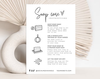 Soap Care Card Template, Soap Bar Care and Thank You Card, Editable Soap Care Instructions with Icons