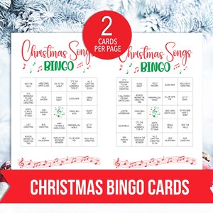 May include: Christmas Songs Bingo cards with a festive design. The cards feature a red banner at the bottom with the text "Christmas Bingo Cards". The bingo cards have a red circle with the text "2 Cards Per Page".