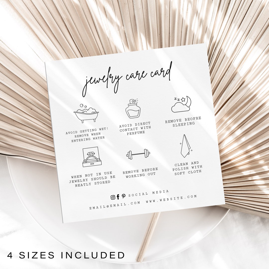 Editable Jewelry Care Card Template, Printable Square Care Guide, Add