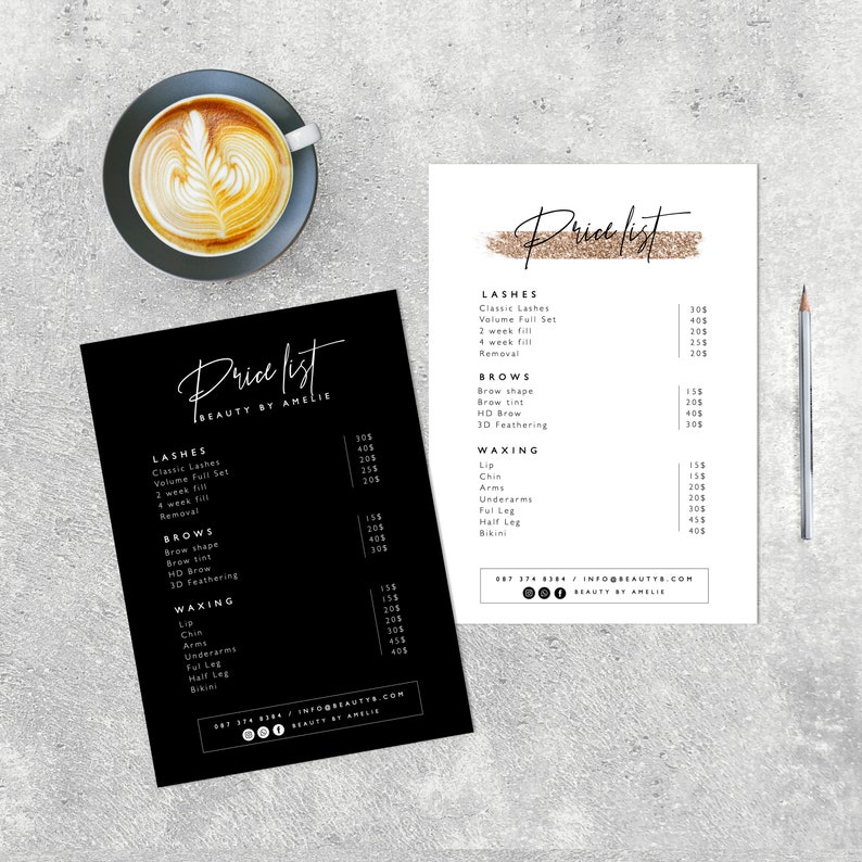 Printable Price List Template Modern Calligraphy Salon Menu Etsy
