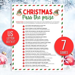 May include: A Christmas game print on A4 paper (approximately 21 x 29.7 cm). The design features a red and green border, with the title "Christmas Pass the Prize" and instructions. Includes a red circle with "7 Games" and another with "US Letter".