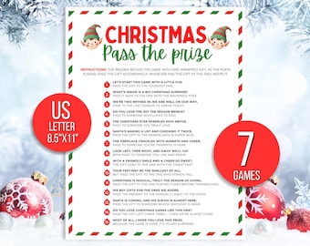 Könnte beinhalten: Ein weihnachtliches Spiel-Poster im US Letter Format (21,6 x 27,9 cm). Das Design zeigt einen rot-grünen Rand, den Titel "Christmas Pass the Prize" und Anweisungen. Enthält einen roten Kreis mit "7 Games" und einen mit "US Letter".