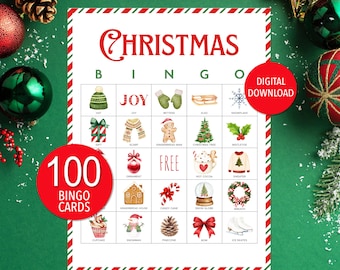 Christmas Bingo Game, 100 Cards, Holiday Party Activity (Digital Download)