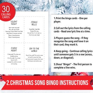 May include: Christmas Song Bingo game set with 30 calling cards and instructions. The calling cards feature lyrics from popular Christmas carols like "Silent Night" and "Jingle Bells". Instructions are included for gameplay.
