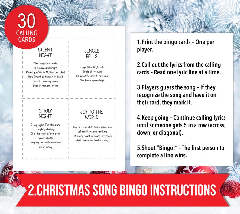 May include: Christmas Song Bingo game set with 30 calling cards and instructions. The calling cards feature lyrics from popular Christmas carols like "Silent Night" and "Jingle Bells". Instructions are included for gameplay.