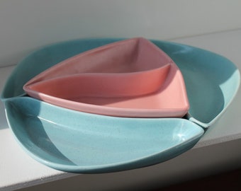 Vintage California Pottery Pink and Blue Server Set