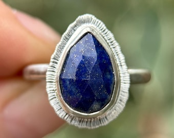 Handmade Rose Cut Lapis Lazuli Ring: Recycled Sterling Silver Teardrop