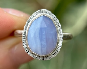 Rose Cut Blue Lace Agate Ring: Recycled Sterling Silver Bezel Setting