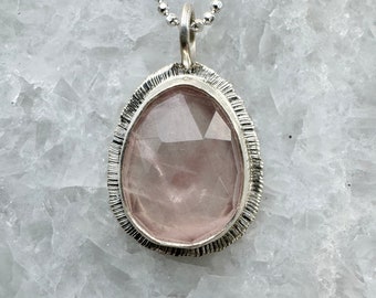 Rose cut Rose Quartz pendant, bezel set, open back, natural gemstone necklace, stone of universal love, recycled silver, gift for loved one