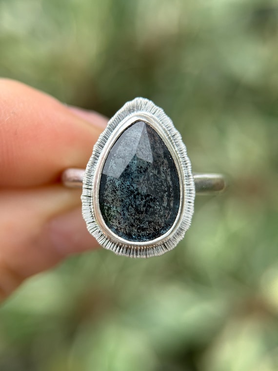 Teal Moss Kyanite Sterling Silver Ring: Rose Cut Teardrop Gemstone