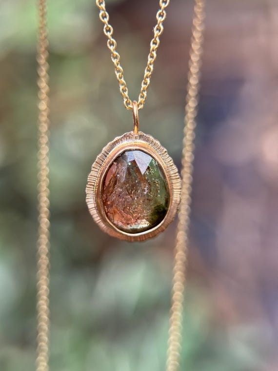 Rose Cut Bicolor Tourmaline Pendant: 9ct Gold Necklace, October Birthstone
