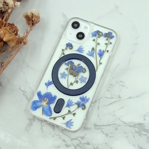Blue forget me not flower pressed flower MagSafe clear case for iPhone 15 14 Pro Max case iPhone 13 12 11 Pro Max iPhone Xs Max
