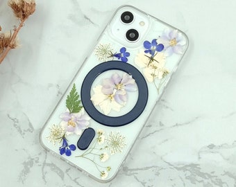 Light blue gypsophila lace flower pressed flower MagSafe clear case for iPhone 15 14 Pro Max iPhone 13 12 Pro Max iPhone 11 Pro Max X Xs Max