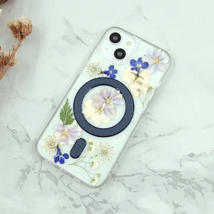 Light blue gypsophila lace flower pressed flower MagSafe clear case for iPhone 15 14 Pro Max iPhone 13 12 Pro Max iPhone 11 Pro Max X Xs Max