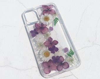 Pressed real purple flower phone case iPhone 15 14 13 12 11 Pro Max case, Samsung Z flip 5 4 3 S23 S22 Ultra case, Google Pixel 7 Pro case