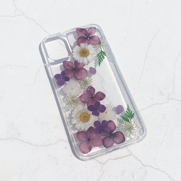 Funda de teléfono de flor púrpura real prensada iPhone 15 14 13 12 11 Pro Max funda, Samsung Z flip 5 4 3 S23 S22 Ultra funda, funda Google Pixel 7 Pro