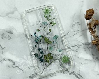 Green leaf with branches pressed flower bumper case for iPhone Air 17e 16 15 14 Pro Max,Samsung S26 FE S25 Z Flip Fold 7,Google Pixel 9A 10