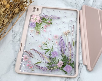 Pressed polygonum grass flower iPad case with magnetic charging pen slot for new iPad Pro 11" 12.9" 2022 iPad Air 5 2022 iPad 9 iPad mini6