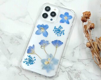 Real pressed dried blue flower bumper case for iPhone Air 17 16 15 14 Pro Max 17e,Samsung S26 FE S25 Ultra Z Flip 7 Fold 7,Google Pixel 9 10
