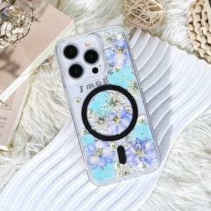 Funda personalizada con nombre y diseño de flor morada auténtica con anillo magnético para iPhone 17 16 15 14 Pro Max 17e, Samsung S26 Plus S25 S24, Google Pixel 8 9 10 Pro