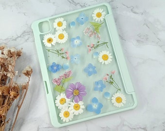 Blue hydrangea purple white daisy flower iPad case with charging pen slot for iPad Air 5 2022 iPad mini 6 iPad Pro 11" 2022 iPad 10 2022