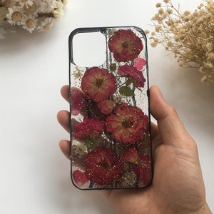 Custodia per telefono in vero pizzo con fiori rossi pressati per iPhone 16 15 14 Pro Max, iPhone 13 12 mini Pro Max, Samsung S25 Edge S25 S24 S23 S22 Ultra