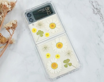 Real white daisy yellow flower phone case for Samsung z flip fold 7 6 5,S26 FE S25 S24,iPhone 17 16 15 14 Pro Max 17e,Google Pixel 8 9 10