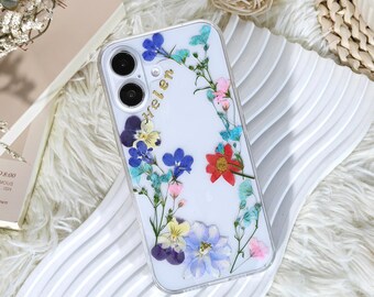 Custom name real pressed flower case with magnetic ring for iPhone 17 16 15 14 13 Pro Max, Samsung S23 S24 25 Ultra, Google Pixel 8 9 10 Pro